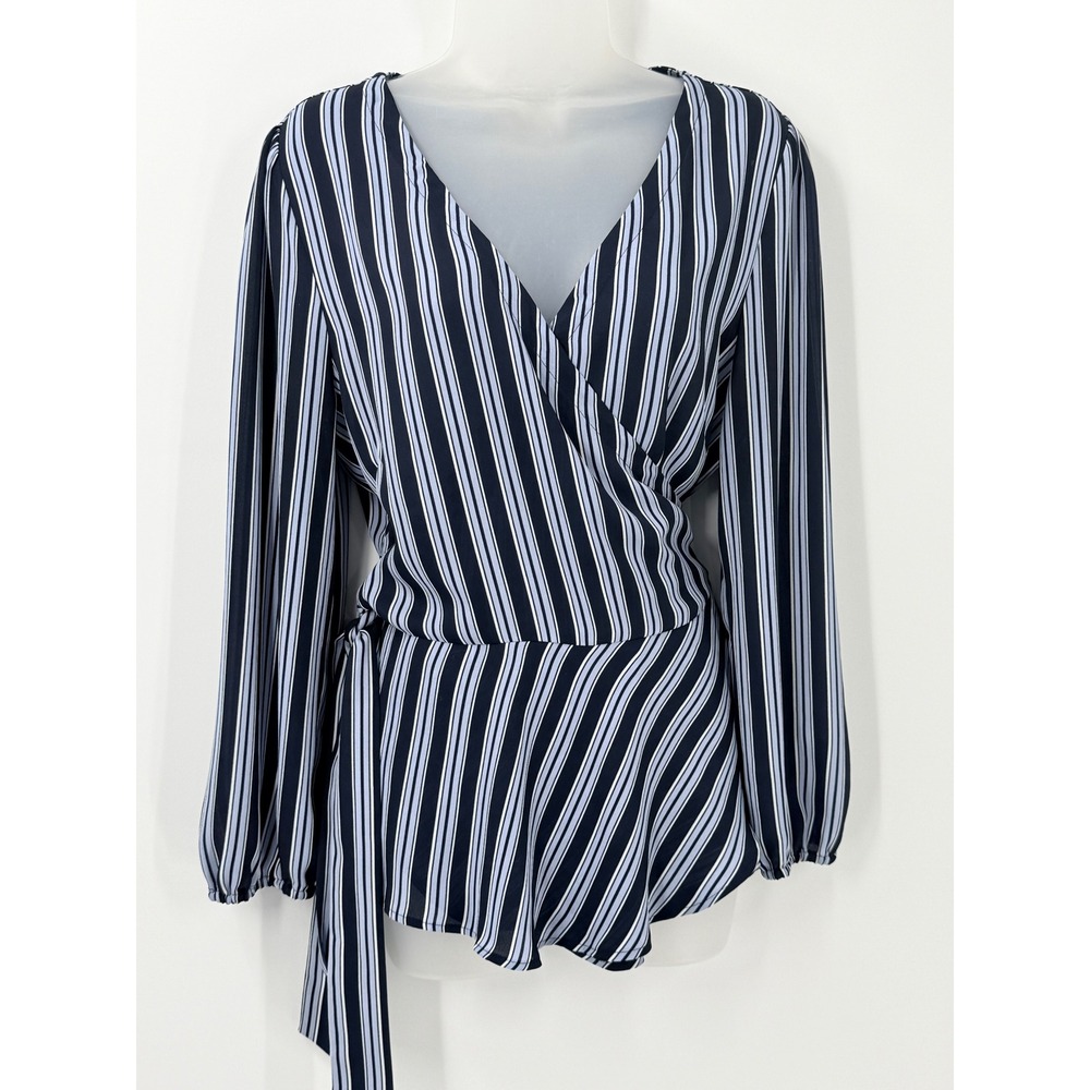 LOFT Navy Blue Striped Wrap Peplum top womens sz L office coastal nautical